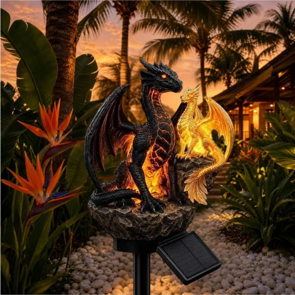 Dragon Golden Ember Edition Solar Garden Light, Dual Winged Dragon Solar Powered Ground Stake, Matte Resin Sculpture Matching Rustic And Gothic Outdoor Design Themes