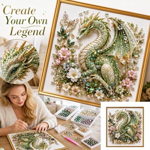 Dragon Guardians of the Elements Diamond Painting Kit, Luxury Mixed Pearl & Special Crystal Diamond Art Project, Stress‑Relief Handcraft for Bedroom Living Room Wall Decor (Grass dragon)