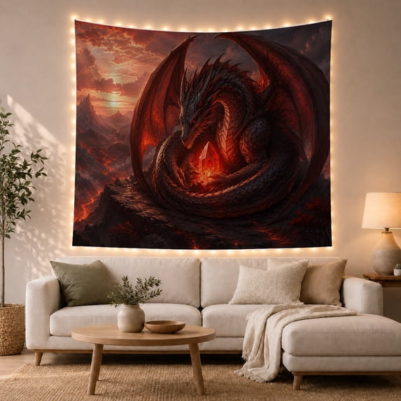 Dragon Guarding a Crystal on Volcanic Cliffs, Adventurous Fantasy for Dragon Lovers, Mythic Creature Wall Decor, Halloween Gift, Tapestry Wall Hanging for Bedroom and Gaming Room