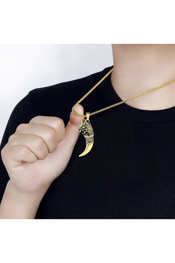 Dragon Head 14K Yellow Gold Pendant Necklace Wolf Tooth Amulets And Talismans Cool Necklace For Women And Men