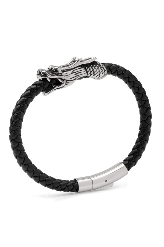 Dragon Head Braided Black Leather Bracelet with Magnetic Closure