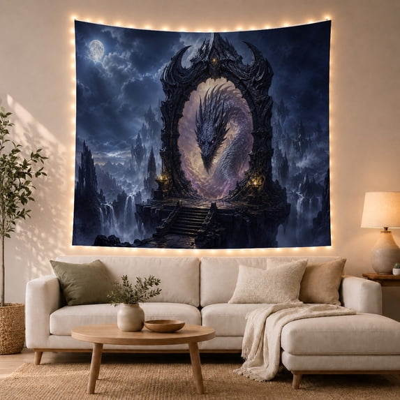 Dragon Head Emerging Through Gothic Portal in Moonlit Mountains, Dramatic Fantasy for Dark Art Enthusiasts, Dark Decor Wall Accent, Halloween Gift, Tapestry Wall Hanging for Bedroom and Game Room