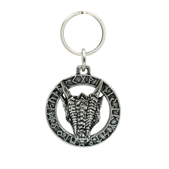 Dragon Head In Runes Keychain, G047KC, 1 1/2 inch, Pewter, Key Fob, Key Ring, Keys, Zipper Pull, Luggage Tag, Backpack, Over 300 Keychain Designs, Handmade in the USA, 100% American Made