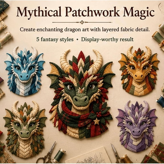 Dragon Head Patchwork DIY Kit, Fabric Sewing Craft Set for Beginner, Mystical Dragon Head Handmade Decorative Ornament, Quilted Art Project, Fantasy Gift for Adults (Green)