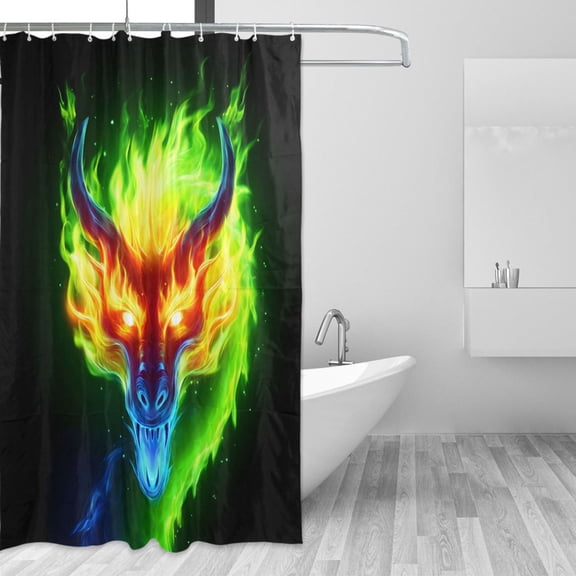 Dragon Head with Colorful Fire Shower Curtains with 12 Hooks Waterproof Bathroom Decor 66" x 72"