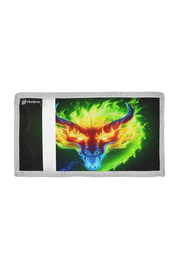 Dragon Head with Colorful Fire Trifold Wallets Card Holders Coin Pockets with Lanyards Portable Unisex
