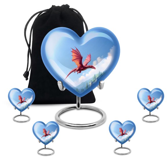Dragon Heart Adult Cremation Funeral Urn for Human Ashes, Keepsake Memorial Gift for Father & Mother, Beautiful Handcrafted Small Urns for Ash, Combo, Blue (10 Inch & 3 Inch Mini Set of 3)