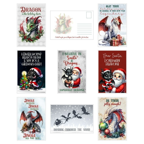 Dragon In The Holiday Cheer - Is This Jolly Enough - Christmas Holiday Themed Post Card Assortment (24 included) Greeting Mutipack Bulk Lot Stamp Postcards for Mailing