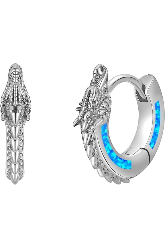 Dragon Hoop Earrings Sterling Silver Blue Opal Dragon Huggie Hoop Earrings Viking Punk Rock Jewelry Gift for Men
