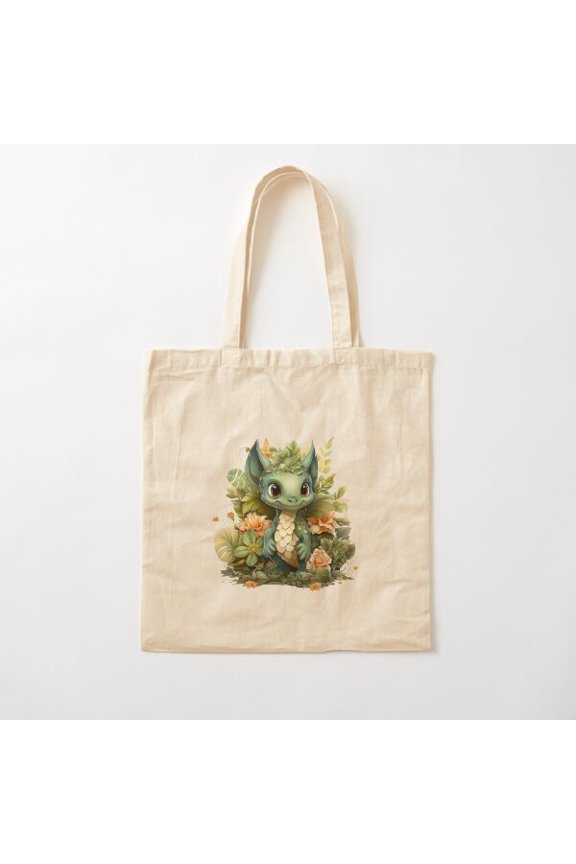Dragon In The Garden (Green) Canvas Tote Bags, Reusable Shopping Bag