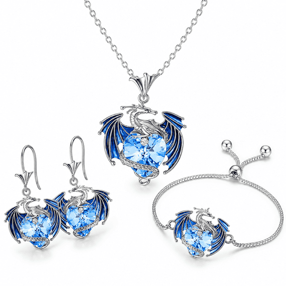 Dragon Jewelry Set for Women, Crystal Dragon Necklace Bracelet and Earrings, Fantasy Animal Pendant Jewelry Collection Gift, Purple