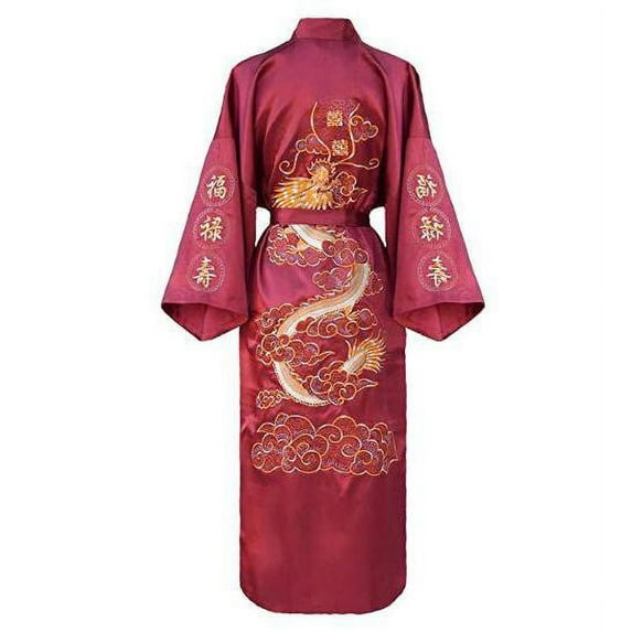 Dragon Kimono Bathrobe for Women, Chinese Style, Embroidery Robe, Sexy Gown, Casual Loose Nightwear, New Long Home Clothing (Claret,S)