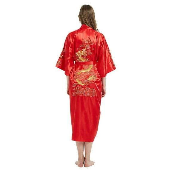 Dragon Kimono Bathrobe for Women, Chinese Style, Embroidery Robe, Sexy Gown, Casual Loose Nightwear, New Long Home Clothing (Red,XL)