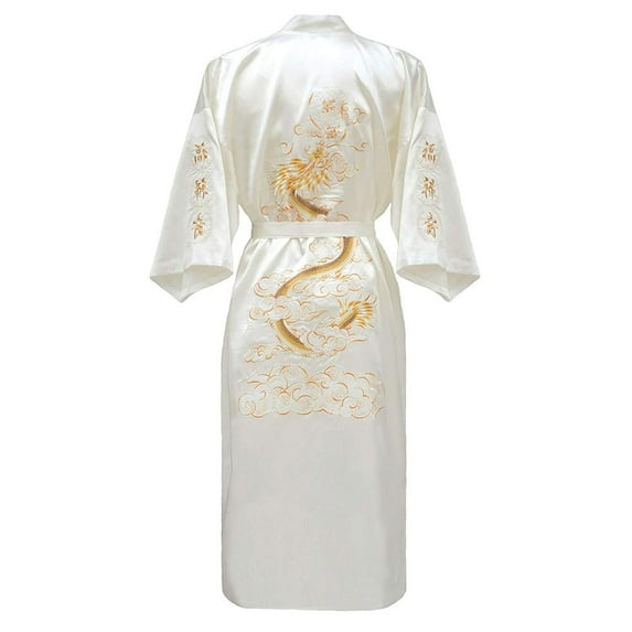 Dragon Kimono Bathrobe for Women, Chinese Style, Embroidery Robe, Sexy Gown, Casual Loose Nightwear, New Long Home Clothing (White,2XL)