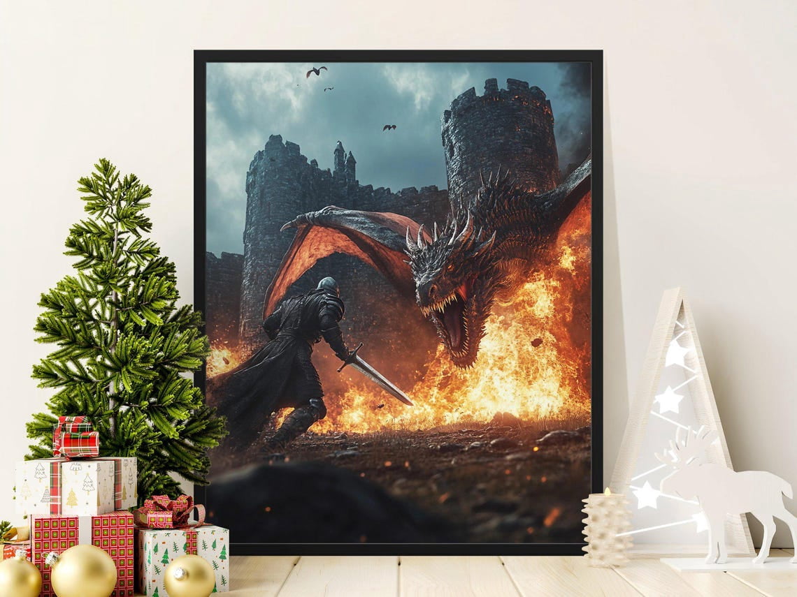 Dragon And Knight Battle Poster, Medieval Fantasy Wall Art, Castle And ...