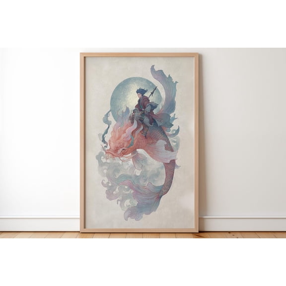 Dragon Koi Art Print Fantasy Warrior Japanese Moon Wall Decor, Unframed Paper Print