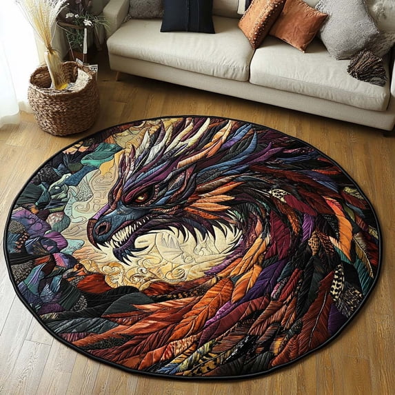 Dragon Texture Rug Dragon Lair Quilted Round Mat, Dragon Fantasy Round Floor Mat, Mythical ...