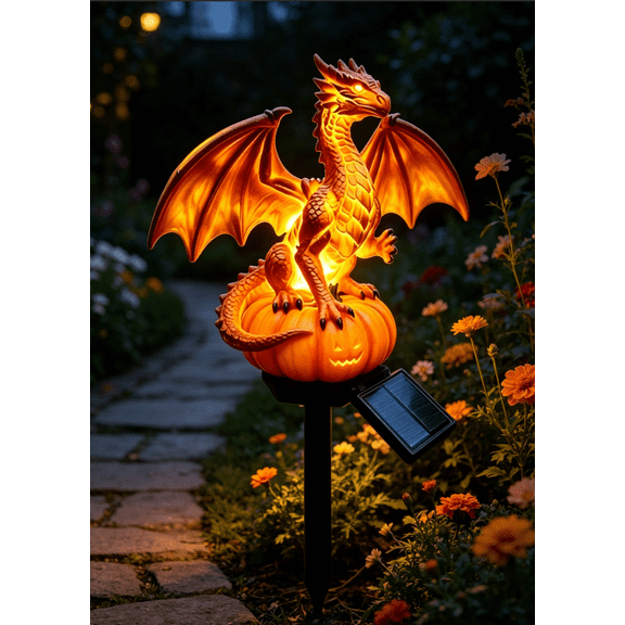 Dragon Lamp, Outdoor Dragon Pumpkin Statue Halloween Decor, Golden Solar Garden Light -Statue Lamp, Gothic Medieval Fantasy, Unique Gift for Dragon Lovers, Ornament Patio (Dargon Pumpkin)