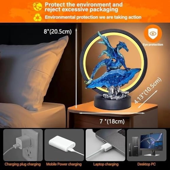 Dragon Lamp Statue Decor-Collectible Light Gifts - Light Up LED Collectible Blue Dragons Statue Dungeons and Dragons Gifts 8" H for Bedroom Nightstand Bedside Table/Bookshelf/Desk