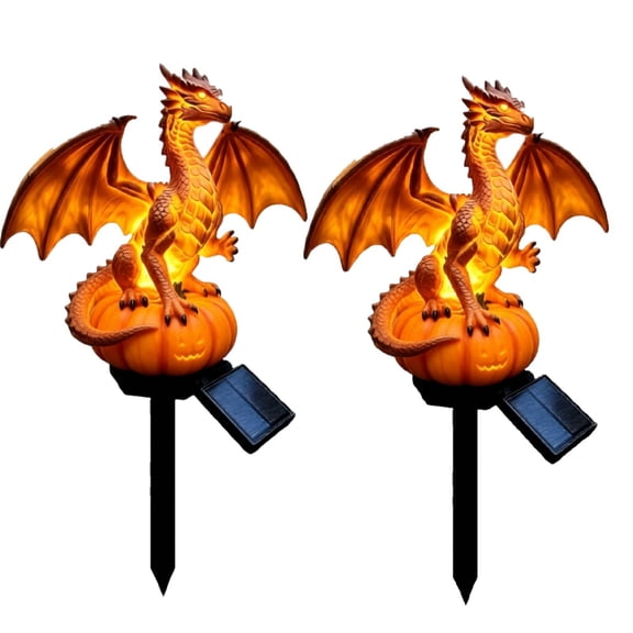 Dragon Lamp,outdoor halloween decor,Golden Solar Garden Light -Statue Lamp, Gothic Medieval Fantasy,Ornament Patio(2pcs)