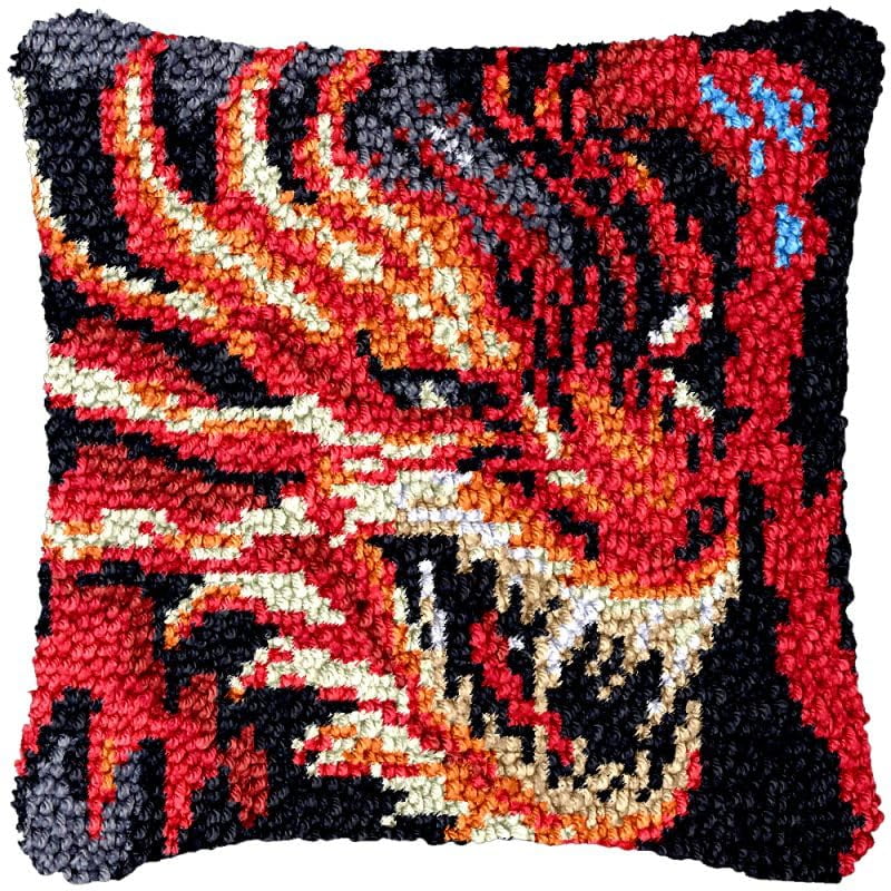 Dragon Latch Hook Pillow Cover Kits for Needlework Cushion Throw Pillow Cross Stitch Crochet Hook Pillowcase Rug Kits Printed Canvas Crochet Yarn Kits Needlework 17'' X 17''