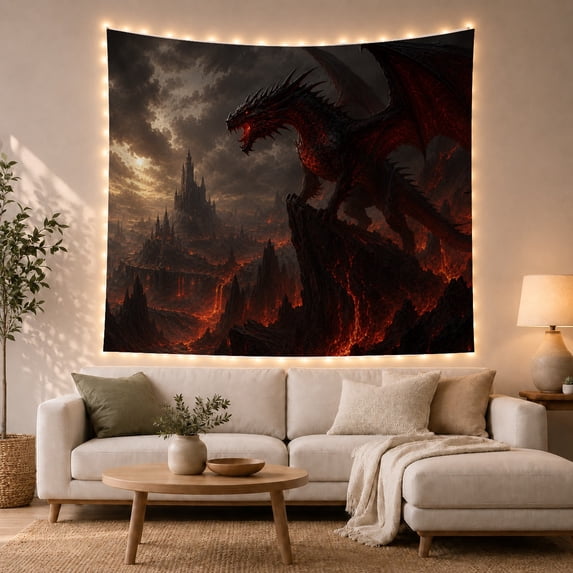 Dragon Above a Lava Castle Valley, Moody Gothic Fantasy for Dragon Lovers, Dark Creature Wall Decor, Halloween Gift, Tapestry Wall Hanging for Gaming Room, Bedroom and Dorm