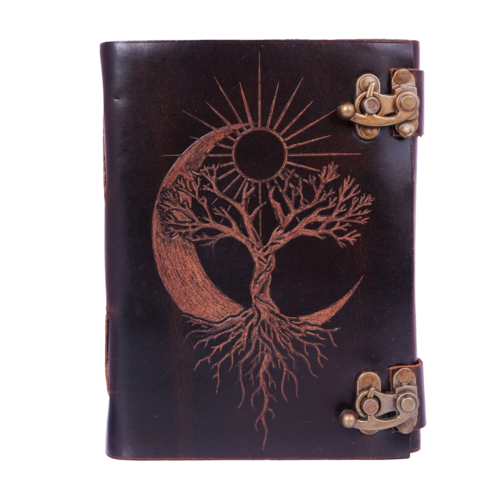 Sun Moon Tree Leather Journal – Handmade Brown 5x7 Embossed Diary with Celestial Tree Design