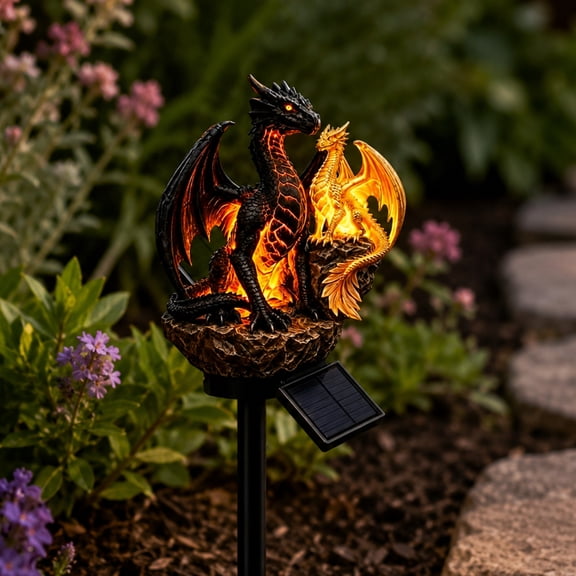 Dragon Legacy Golden Ember Edition Solar Garden Light, All-In-One Sculpture And Solar Lighting Fixture, Fantasy Twin Dragon Statue As Statement Decor For Garden Centerpiece Arrangements