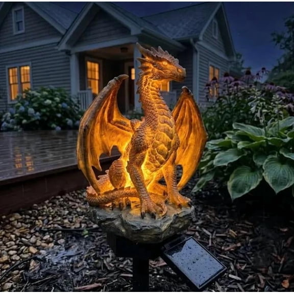 Dragon Legacy Golden Ember Edition Solar Garden Light, Durable Resin Dragon Statue with Built-in Warm Ember LED, Solar Ground Stake Light, UV Resistant Outdoor Ornament for Backyard Lawn