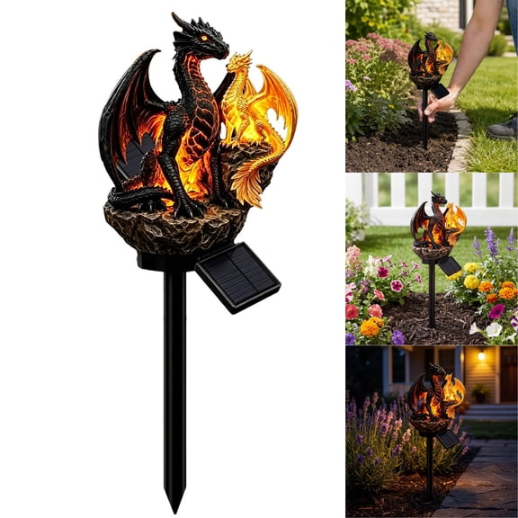 Dragon Legacy Golden Ember Edition Solar Garden Light Golden Ember Dragon Solar Lamp Waterproof Ground Stake Statue Light Medieval Fantasy Dual Dragon Ornament for Halloween Outdoor Landscape Decor