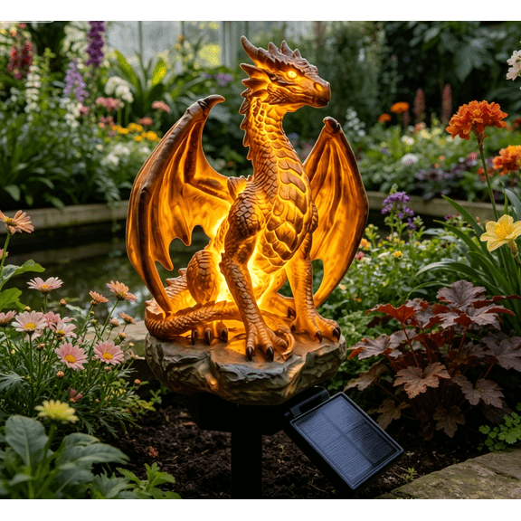 Dragon Legacy Golden Ember Edition Solar Garden Light, Hand Sculpted Resin Fantasy Dragon Sculpture with Amber LED Glow, Weatherproof Yard Ornament, Unique Gift for Dragon Lovers and Gardeners