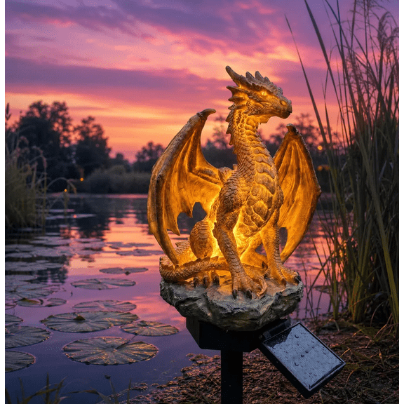 Dragon Legacy Golden Ember Edition Solar Garden Light, Limited Fantasy Dragon Solar Garden Statue, Durable Sealed Polyresin Resist Sun Fading & Rain Damage