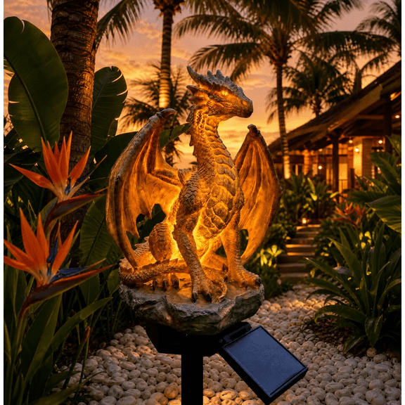 Dragon Legacy Golden Ember Edition Solar Garden Light, Mythical Golden & Dark Dragon Resin Statue, Waterproof Solar Lighted Ornament for All Seasons