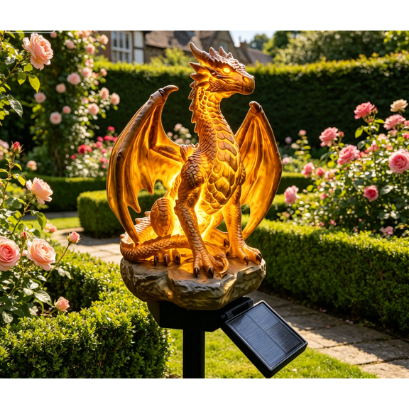 Dragon Legacy Golden Ember Edition Solar Garden Light - Outdoor Statue Lamp, Gothic Medieval Fantasy Decor for Halloween, Unique Gift for Dragon Lovers, Ornament Patio(1pc)