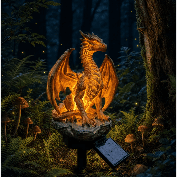 Dragon Legacy Golden Ember Edition Solar Garden Light, Outdoor Waterproof Dragon Solar Statue with Internal Warm Glow Eyes & Body, Patio Decor Sculpture