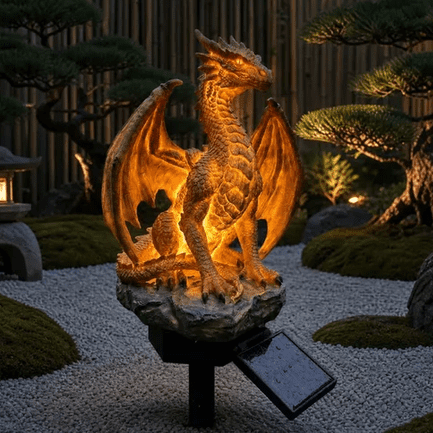 Dragon Legacy Golden Ember Solar Garden Light, Resin Glowing Dragon Sculpture Stake Lamp, Auto Dusk Dawn Solar LED Figurine, Waterproof Outdoor Decor for Lawn Patio Backyard Walkway