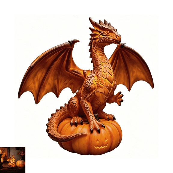 Dragon Legacy LED Light, Halloween Glowing Pumpkin Dragon Resin Figurine Night Lamp, Warm Orange LED Tabletop Statue Decor for Fall Harvest Entryway Console Holiday Party Desktop Ornament Gift 1Pc