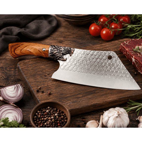 Dragon Meat Cleaver Knife - 8" Stainless Steel Heavy Duty Butcher Knife with Hammered Finish and Ergonomic Wood Handle, Multipurpose Kitchen Chopper for Meat, Vegetable, Bone