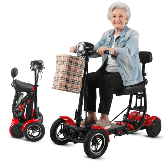 Portable 4 Wheels Mobility Scooter for Adult & Seniors, All Terrain Foldable Powered Electric Wheelchair - Red