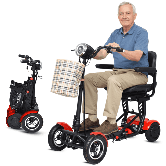 Dragon Mobile EX 4-Wheel Travel Folding All-Terrain Compact Mobility Scooter with Front Basket - Red