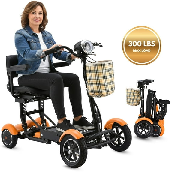Dragon Mobile EX Lightweight Motorized 4 Wheel Electric Scooter, Easy Travel, Large Premium Seat with Armrests, LED Lights & Front Basket - Matte Orange