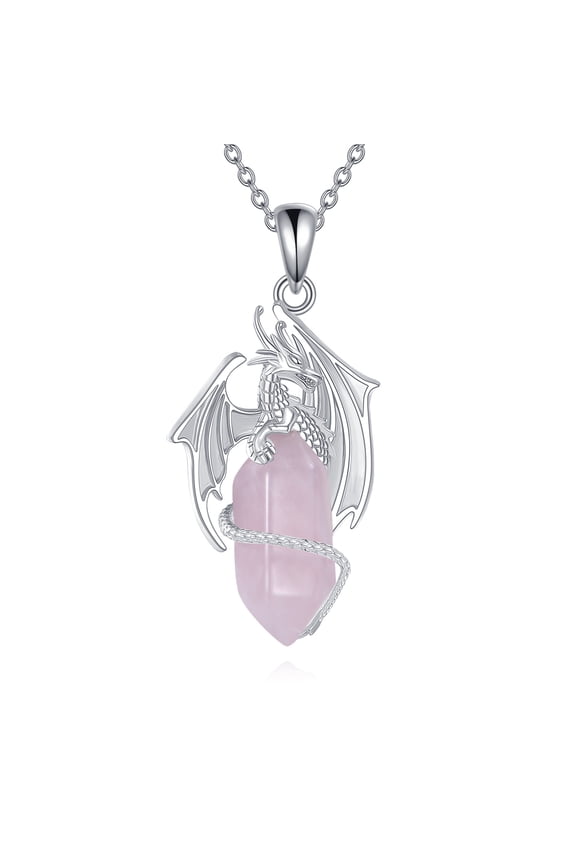 Dragon Necklace 925 Sterling Silver Dragon Pendant Crystal Jewelry Gifts for Men Women (Rose Quartz)