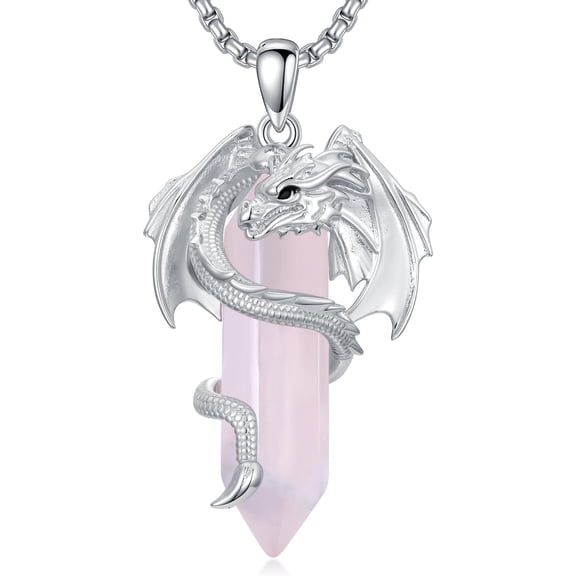 Dragon Necklace 925 Sterling Silver Dragon Pendant with Pink Quartz Healing Crystal Necklace Energy Amulet Jewelry Gift for Men Women