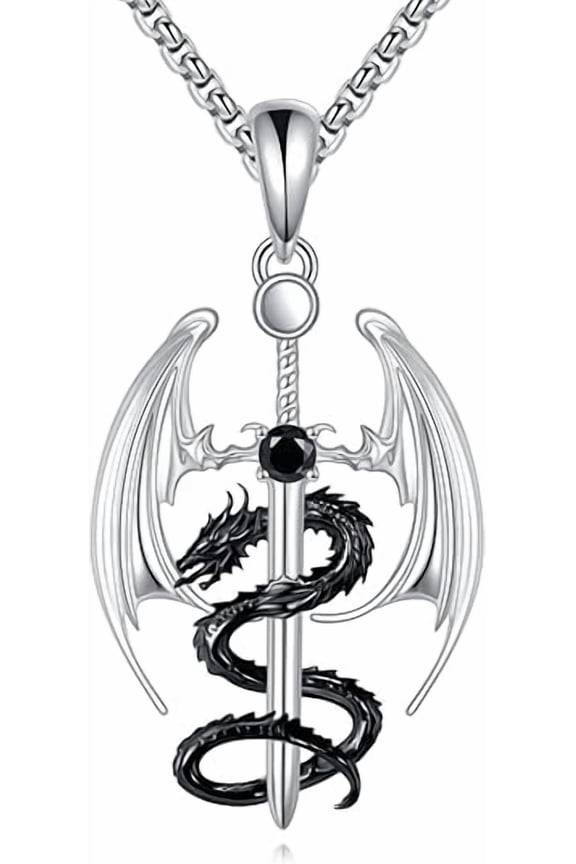 Dragon Necklace 925 Sterling Silver Sword Dragon Pendant Necklace Dragon Jewelry Gift for Men Women