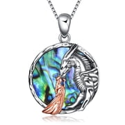 Dragon Necklace for Women Sterling Silver Women and Dragon Necklace Queen Princess Stroking Dragon Jewelry Gifts From Daughter for Women Teen A style-Dragon and women necklace with Abalone
