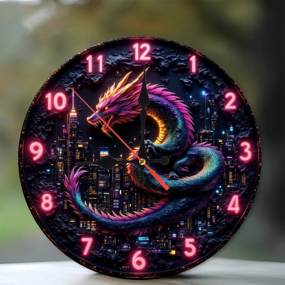 Dragon Neon Wall Clock 10-Inch Silent Wooden Wall Clock, Battery Operated (AA Batteries Not Included), Artistic Home Decor