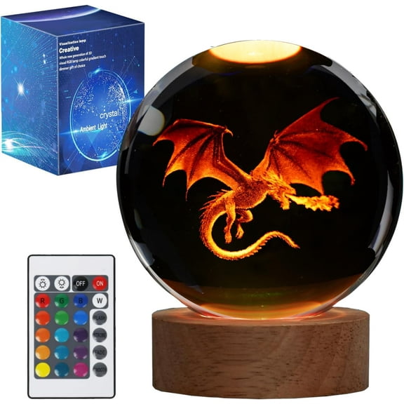 Dragon Night Light, 3.15 Inch (80mm) K9 Crystal 3D Lamp with Remote 16 Color for Birthday Xmas Cool Figurines Dragon Gifts for Room Decor Boys Girls