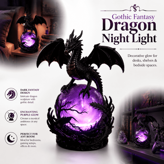 Dragon Night Light, Gothic Resin Dragon Sculpture with Purple Glowing Orb, Fantasy Table Lamp for Bedroom Desk Shelf Halloween Decor