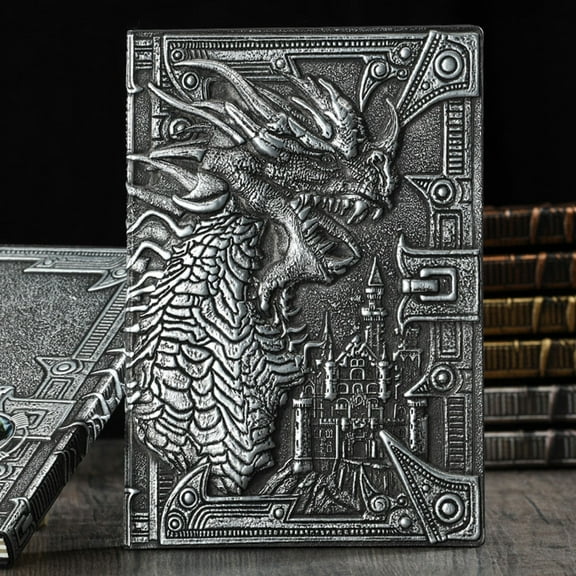 Dragon Notebook - 3D Embossed Dragon & Castle Design, Silver Color, Pu Leather Cover With Magnetic Closure, For Journaling, Sketching, Daily Notes, Fantasy Lovers, Gifting
