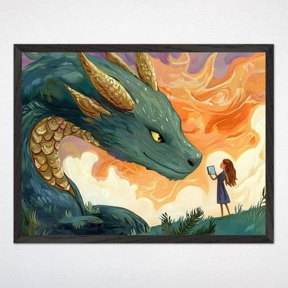 Dragon Nursery Wall Art, Girl Reading To Gentle Dragon Poster, Whimsical Fantasy Kids Room Framed Decor Wall Art, Modern Wall Decor, 8x12 UNFRAMED
